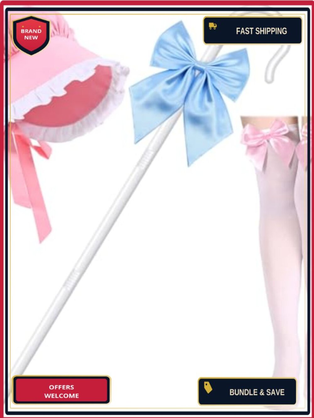Shepherdess Costume Accessory Set Bonnet Staff Bowtie Socks Halloween